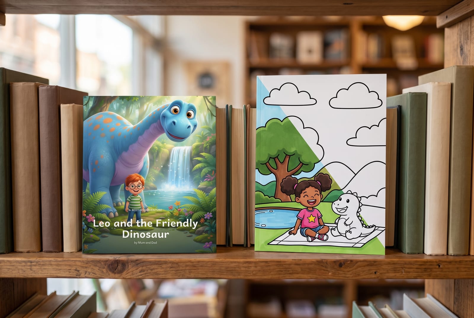 A picture book and a coloring book standing face-out on a bookshop shelf