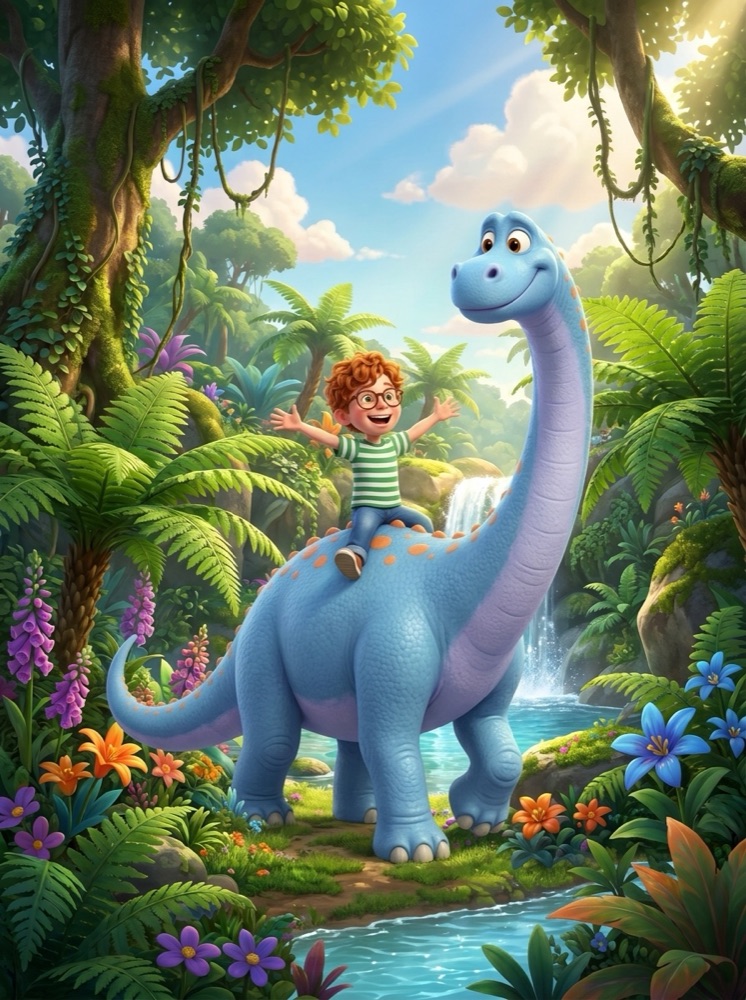 Leo riding Bronto along the river, page 4